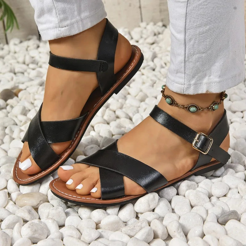 Shoes for Women Summer New Women Flat Sandals Bottom Roman Strap Sandals with Non Slip Rubber Soles Ladies Daily Sandalia