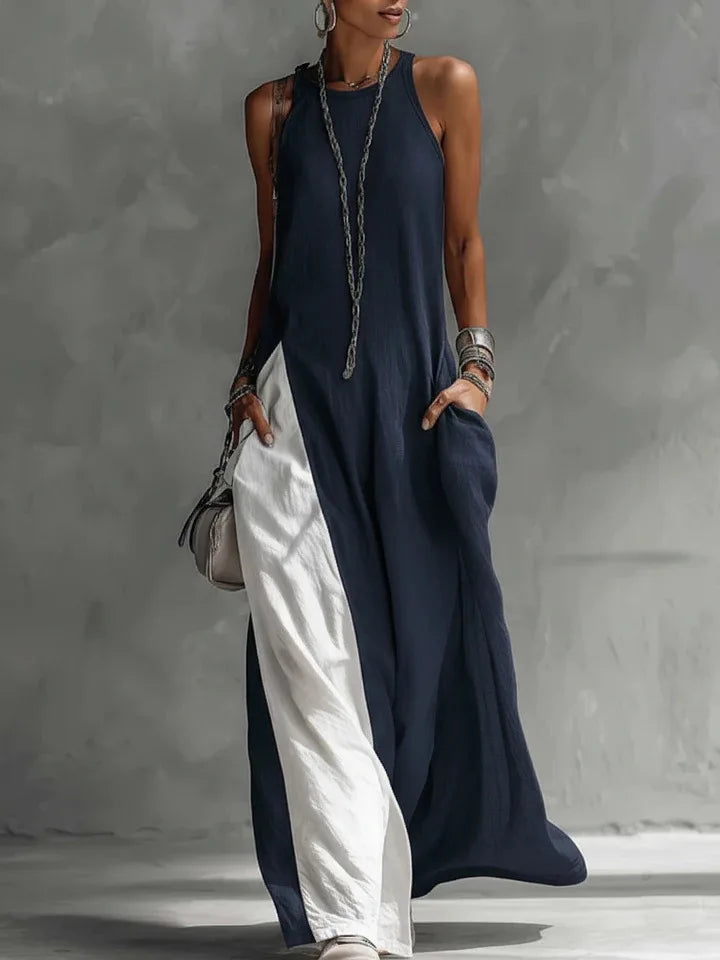New women’s clothing: sleeveless, loose-fitting, color-blocked, casual, off-the-shoulder dress.