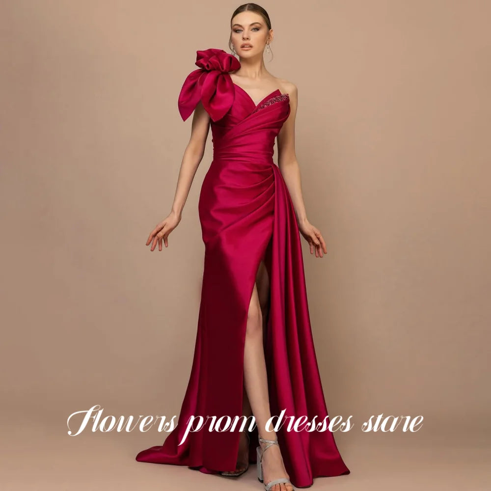 Flowers Red Prom Dresses Trumpet Party Dress Split Evening Dress One Shoulder with Pleats Formal vestido de fiesta Customized