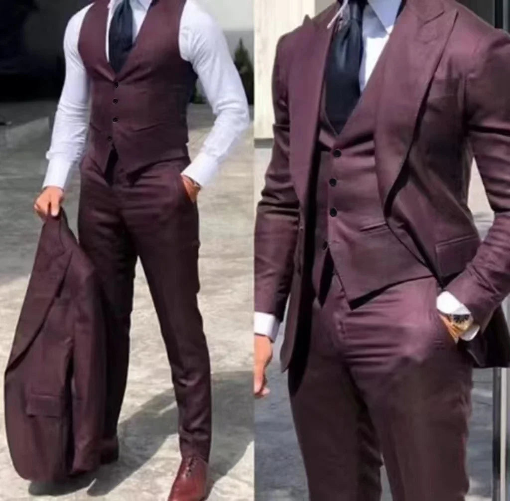 Men's 3-Piece Slim Fit Tuxedo Suits for Wedding Peaked Lapel Groomsmen Blazer Pant Vest Set Business Dress Code