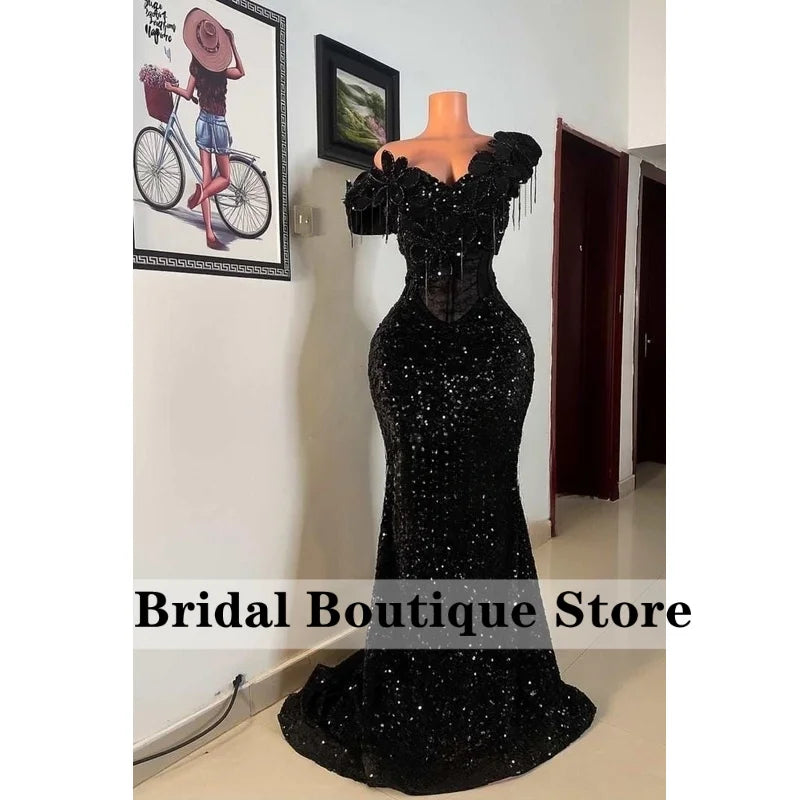 Black Prom Dresses 2026Luxury Bead Rhinestones 3D Flowers Off Shoulder African Wedding Party Birthday Evening Gown Customized