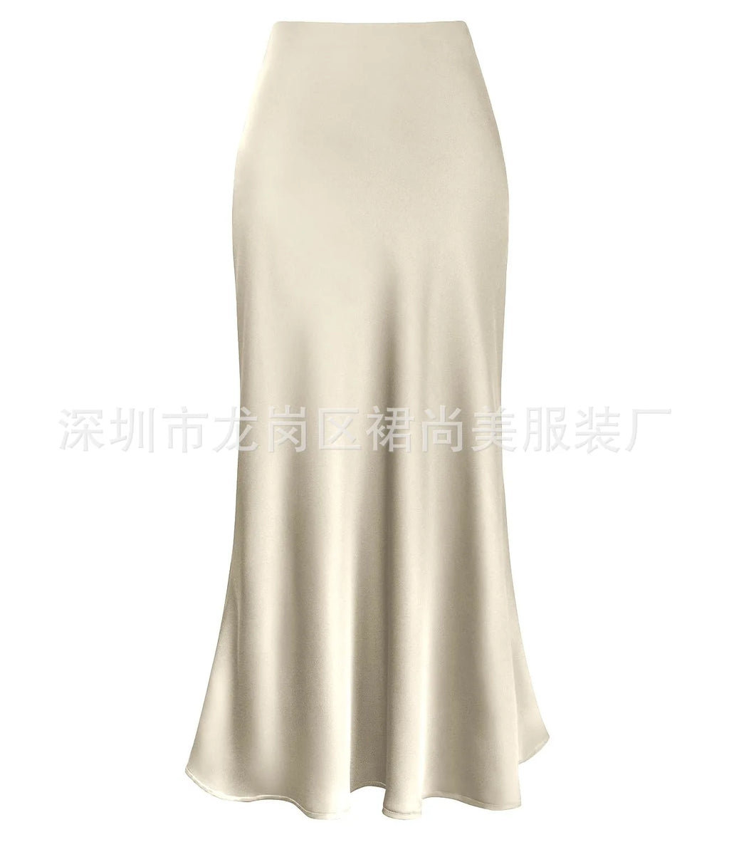 Elegant Faux Silk Satin Skirts for Women High Waist A-line Office Lady  Solid Color Glossy Finish Fishtail Skirt