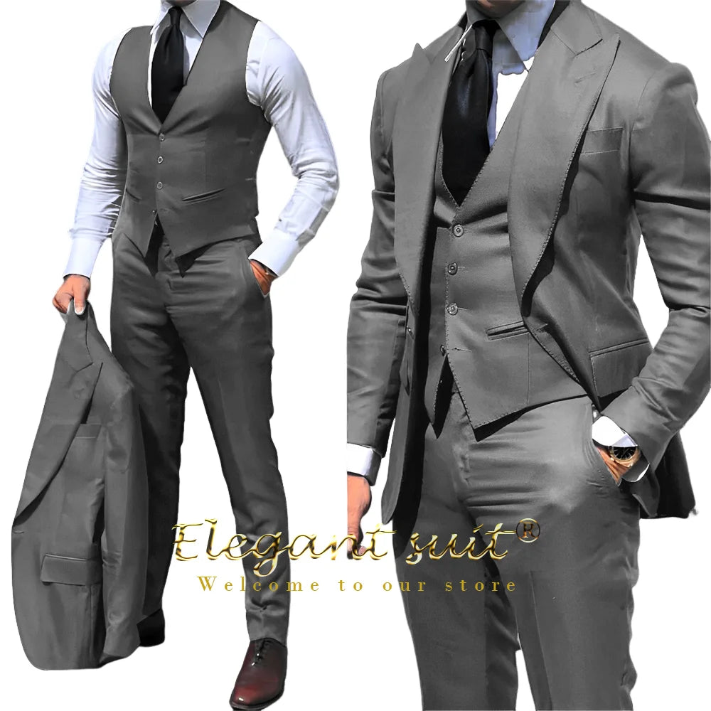 Men's / boys business grey suit 3-piece set (jacket + vest + trousers) advanced custom men's slim office formal suit set