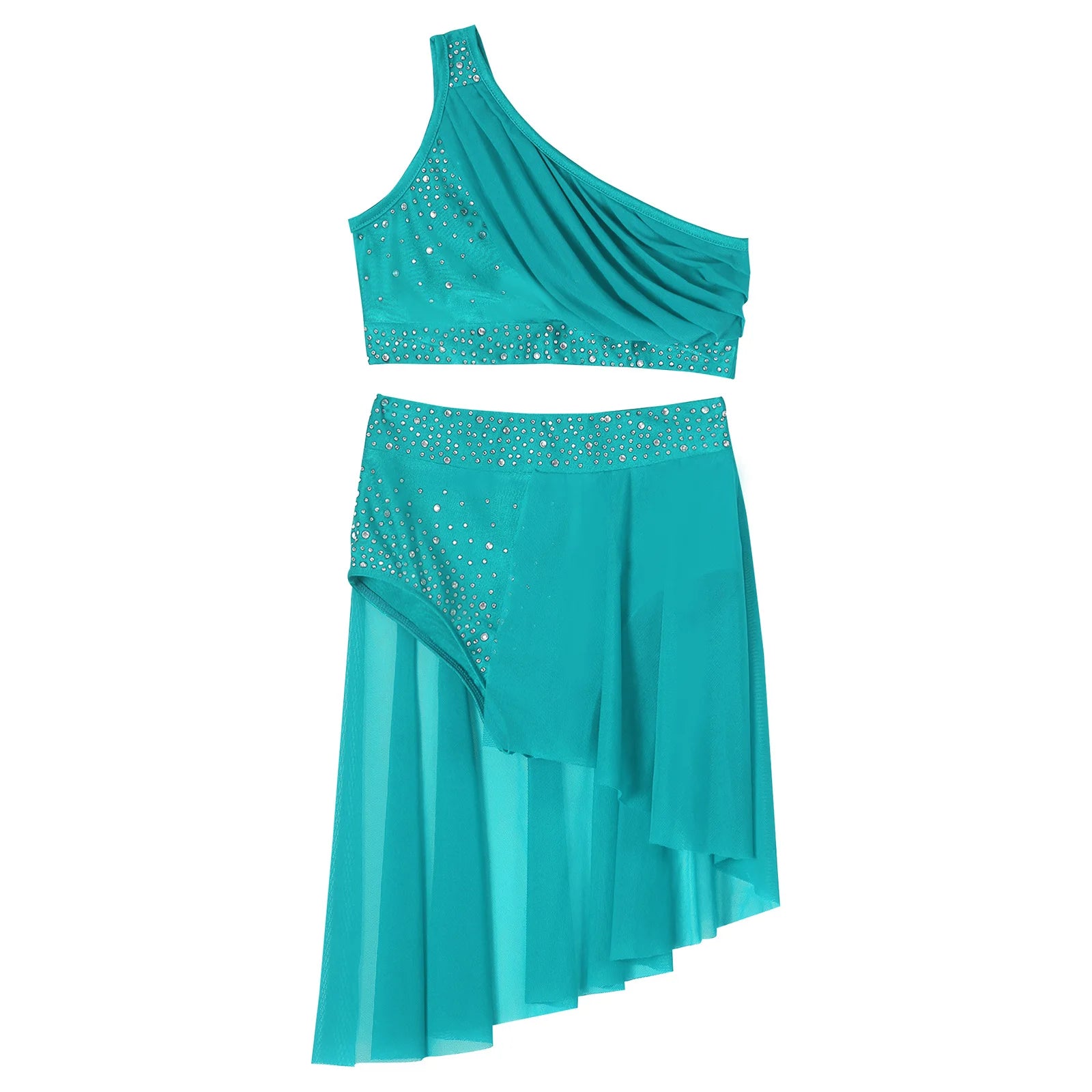 Teen Girls Modern Lyrical Dance Performance Outfit One Shoulder Crop Top with Leotard Skirt for Jazz Skating Ballet Gymnastics