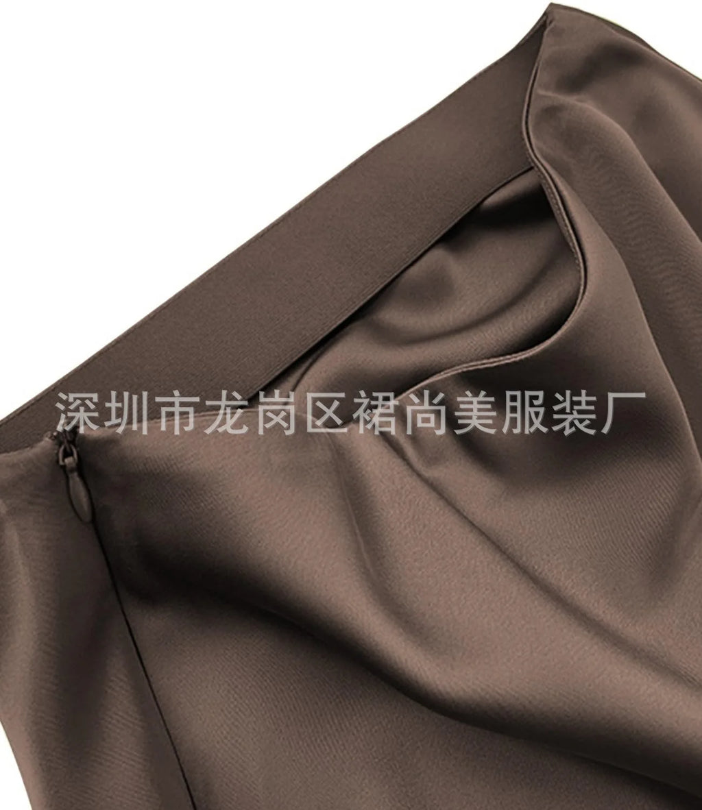 Elegant Faux Silk Satin Skirts for Women High Waist A-line Office Lady  Solid Color Glossy Finish Fishtail Skirt
