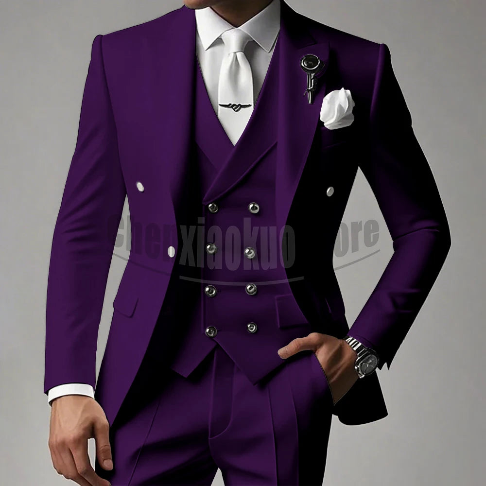 White Men Suits 3 Piece High-end Peak Lapel Solid Color Male Suit Slim Fashion Party Groom Wedding Tuxedos (Blazer+Vest+Pants)
