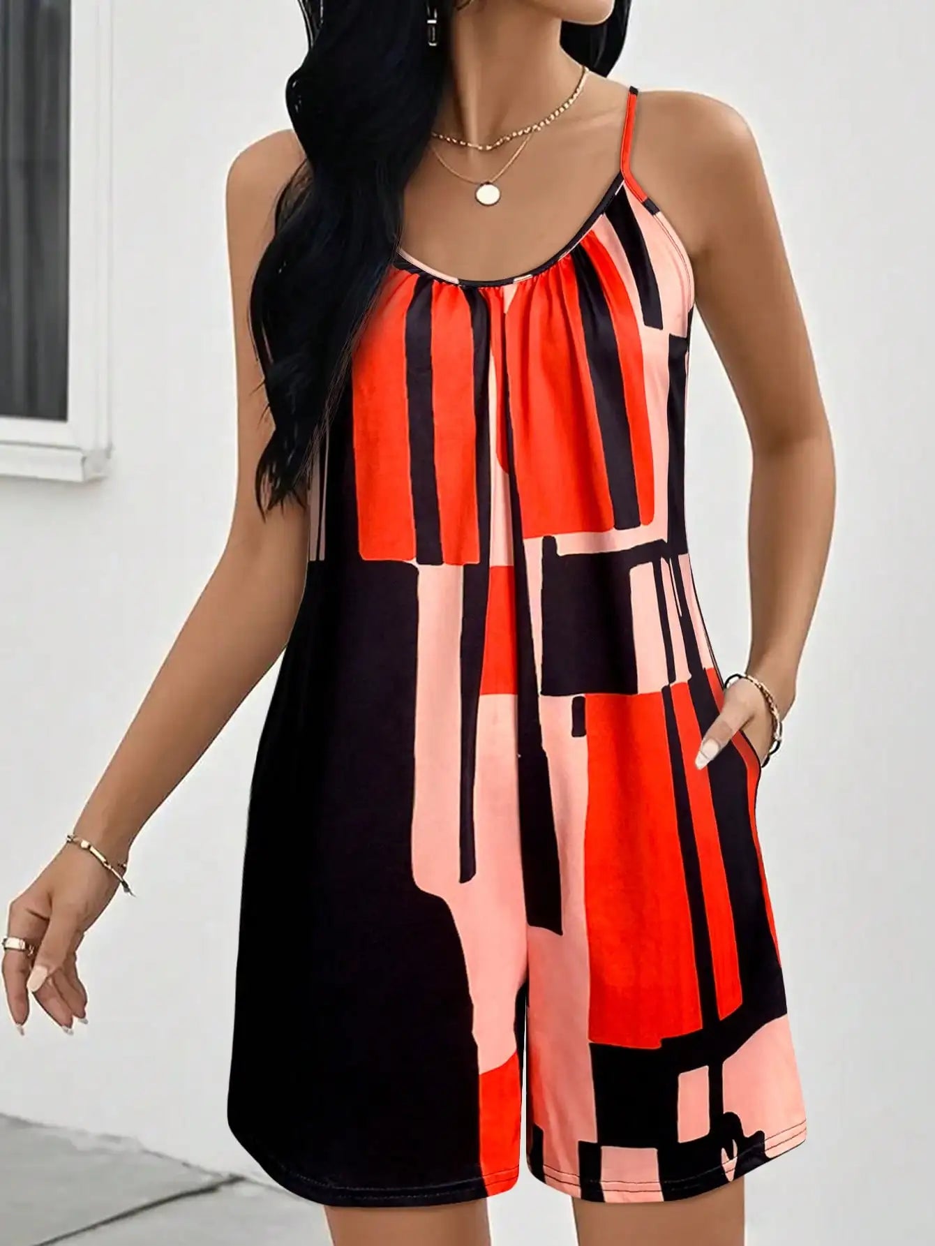 summer outfits for women,New Geometric Pattern Summer Sleeveless Jumpsuit For vacation outfits women,daily jumpsuit for women