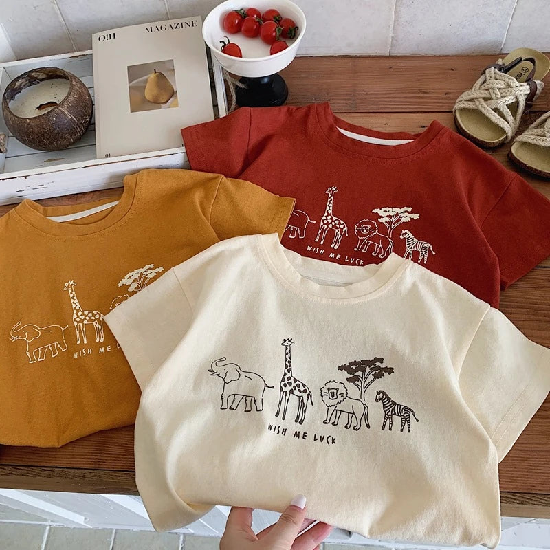 Summer Children Clothes Summer Tops Tees Cartoon Printed Girl And Boy Short Sleeve T-shirt Kids Simple Fashion Tshirts Crewneck