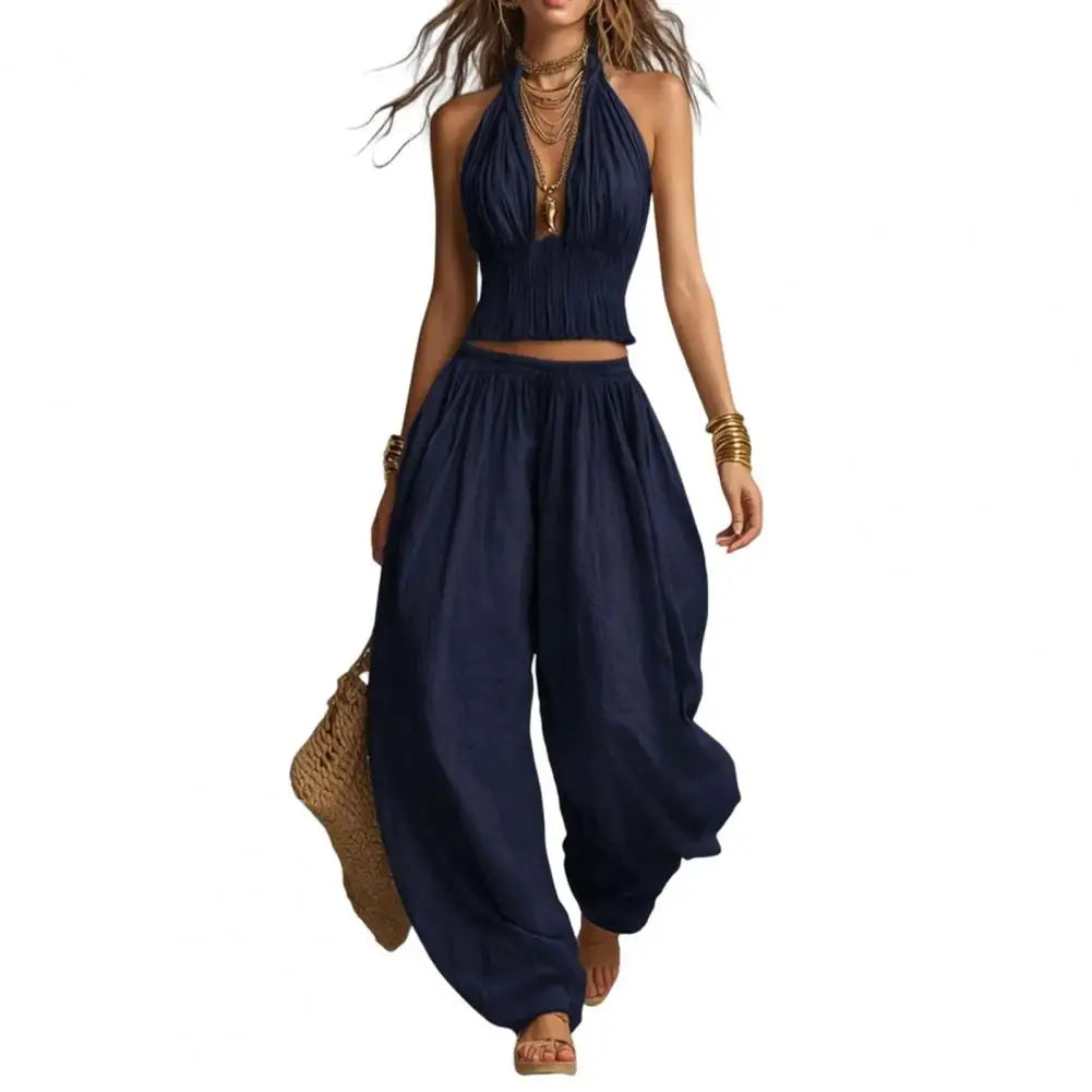 Women Two-piece Suit Women Outfit Women’s Halter Summer Two-piece Set Pleated Ruffle Backless V-neck Top Wide Leg Pants