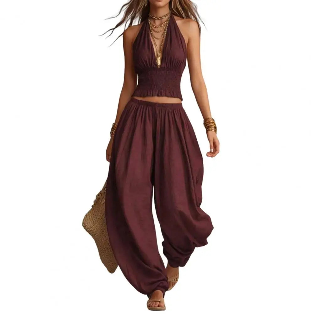 Women Two-piece Suit Women Outfit Women’s Halter Summer Two-piece Set Pleated Ruffle Backless V-neck Top Wide Leg Pants