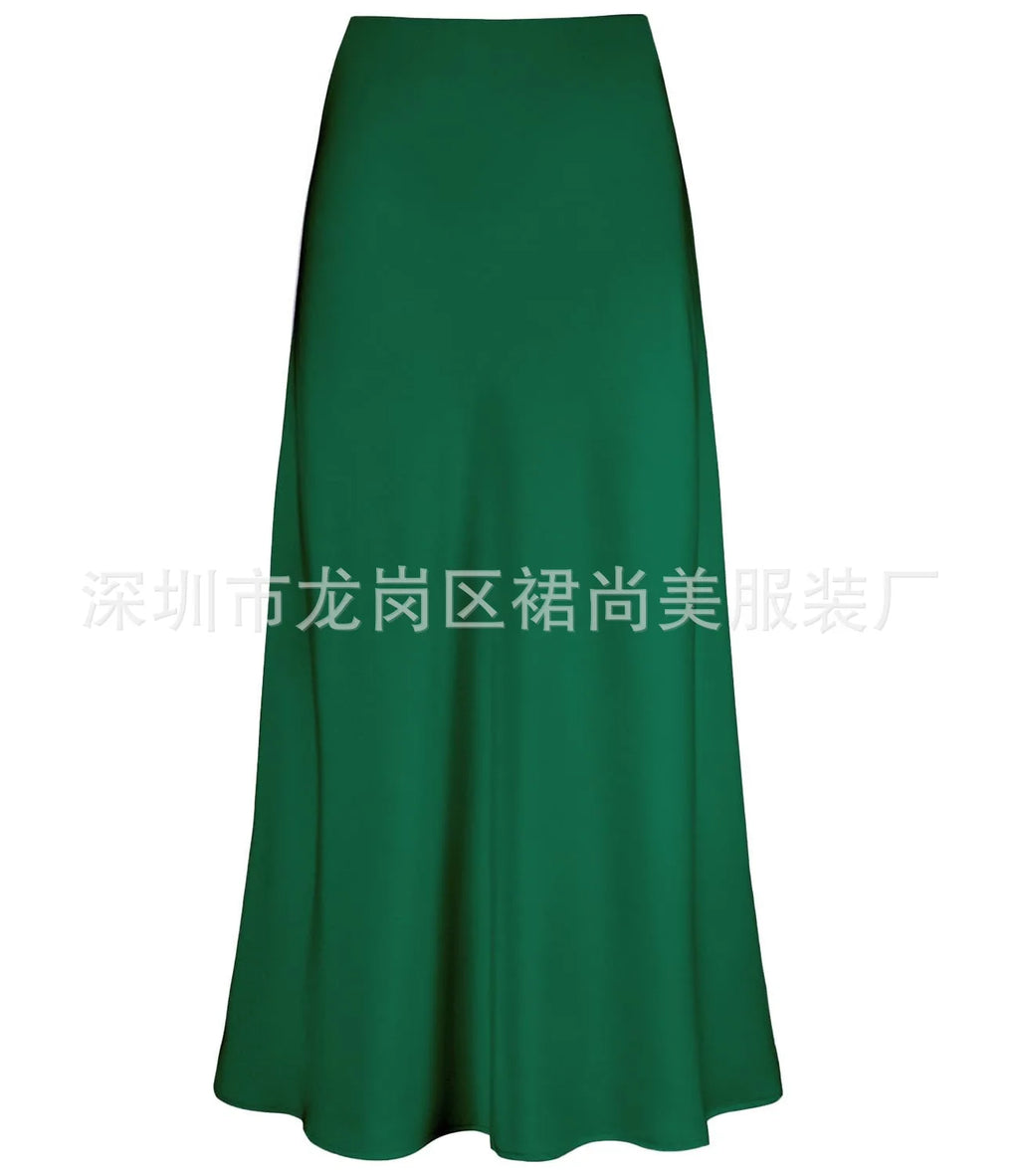 Elegant Faux Silk Satin Skirts for Women High Waist A-line Office Lady  Solid Color Glossy Finish Fishtail Skirt