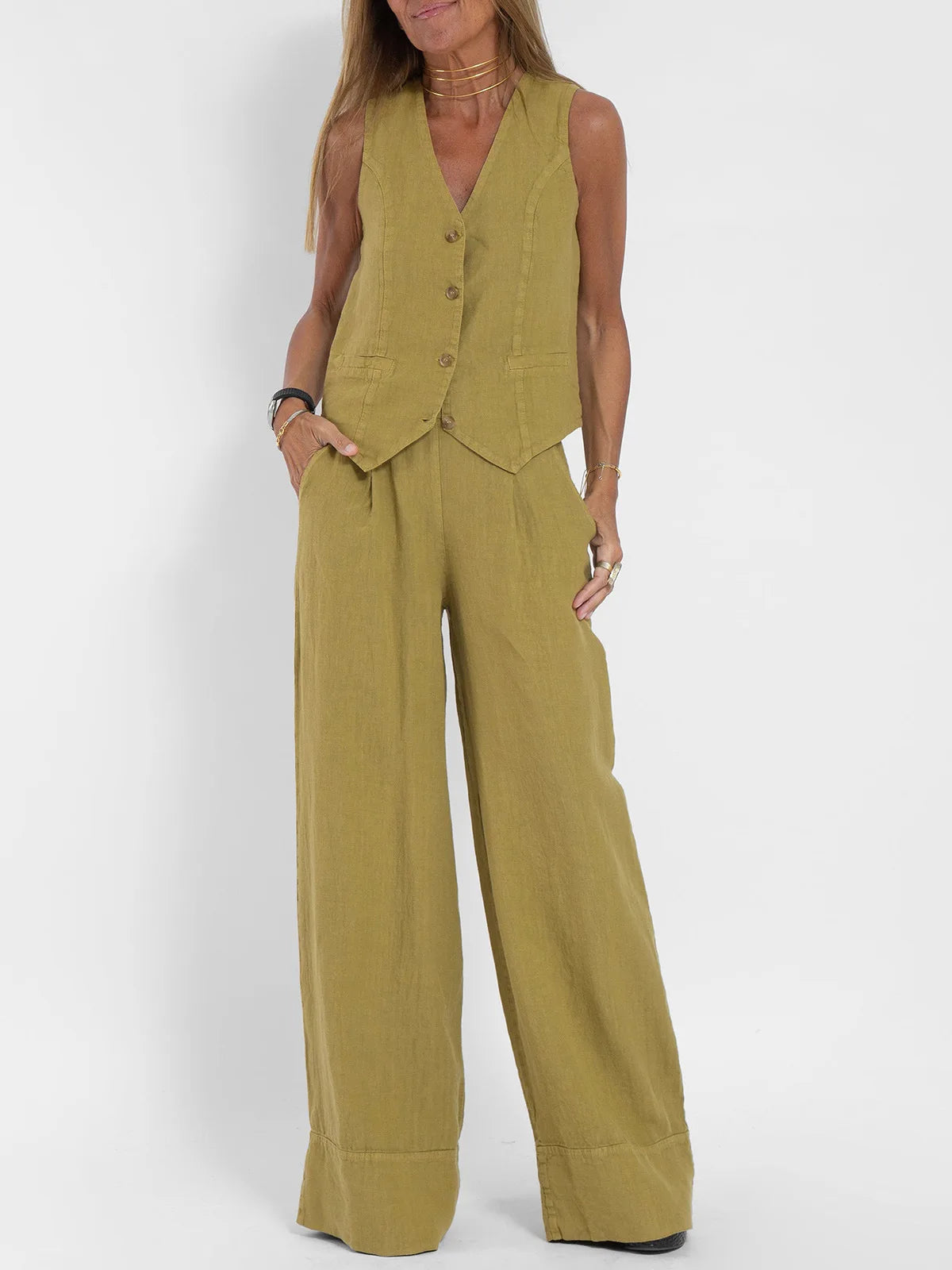 2025 New Women Vest Top + Trousers Patchwork Cotton Linen Casual Suit Summer Solid Women Vest Top + Wide Leg Pants Two Peice Set