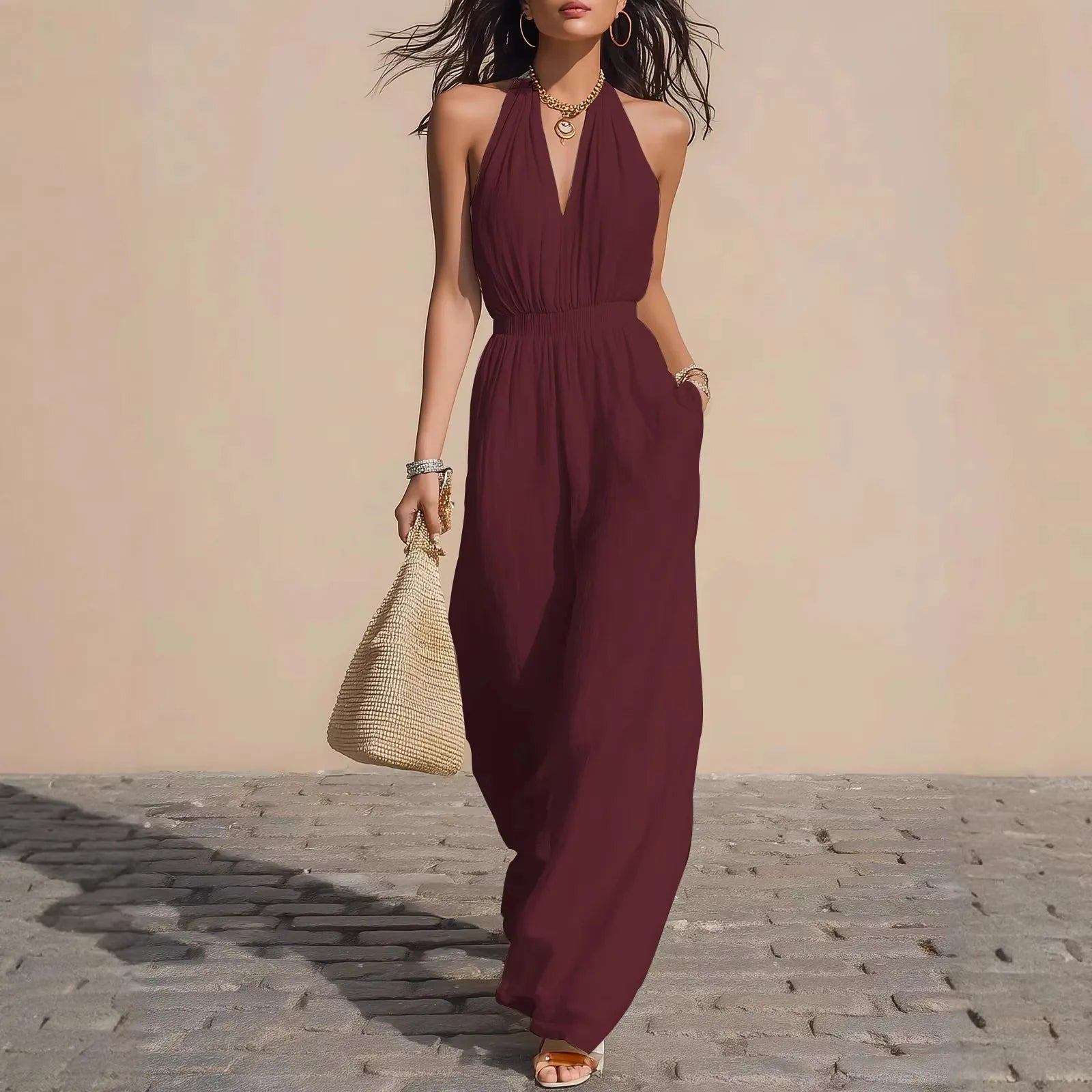 Summer New Casual Wide Leg Romper Women's Solid Halter Neck Backless Jumpsuit Sexy Deep V-Neck Elastic Waist Sleeveless Jumpsuit