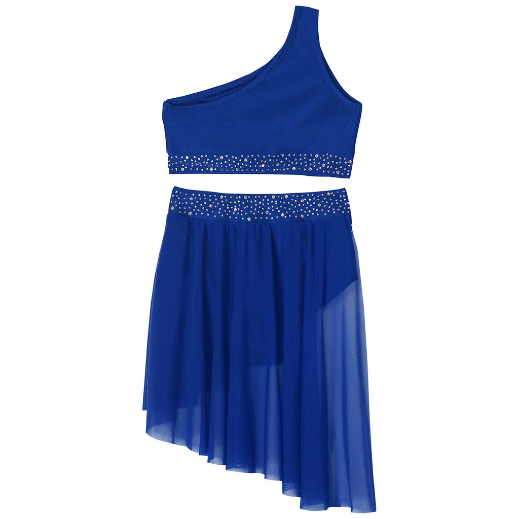 Teen Girls Modern Lyrical Dance Performance Outfit One Shoulder Crop Top with Leotard Skirt for Jazz Skating Ballet Gymnastics