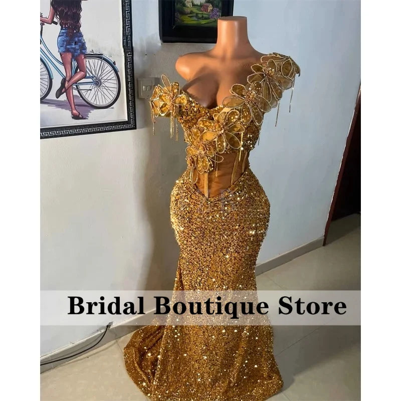 Black Prom Dresses 2026Luxury Bead Rhinestones 3D Flowers Off Shoulder African Wedding Party Birthday Evening Gown Customized