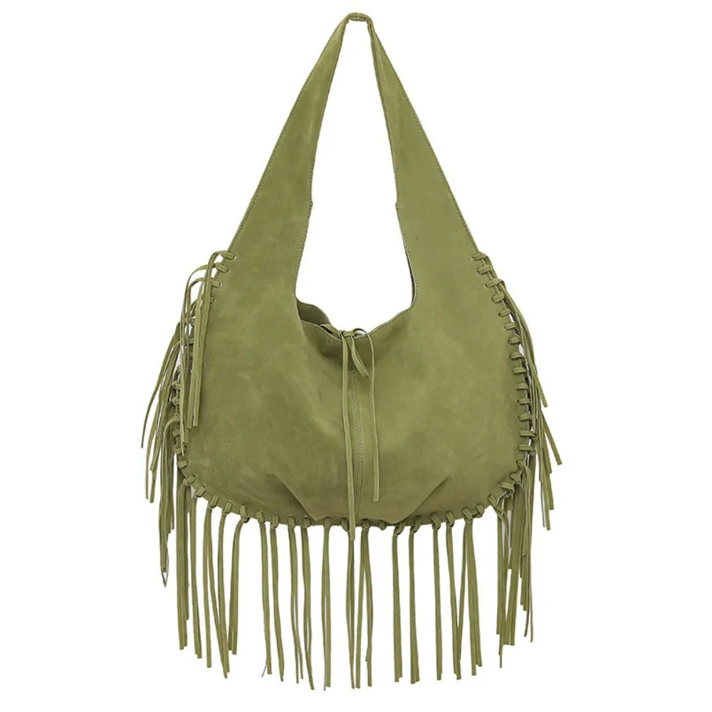Tassel Crossbody Bag For Women Large Capacity Shoulder Bags Commuter Suede Travel Handbags Solid Color Purse Handbags
