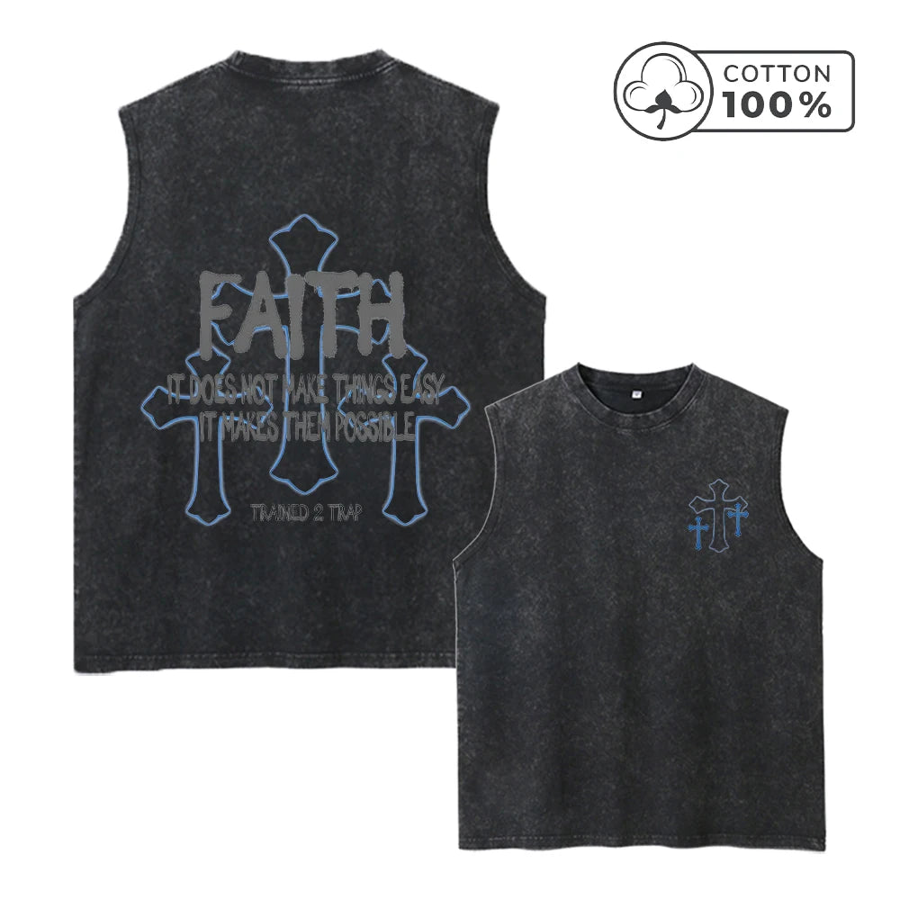 Men's Trendy Cross Print Retro Washed Vest Summer Fitness Everyday Commute Top Casual And Stylish Street Style Pure Cotton Vest