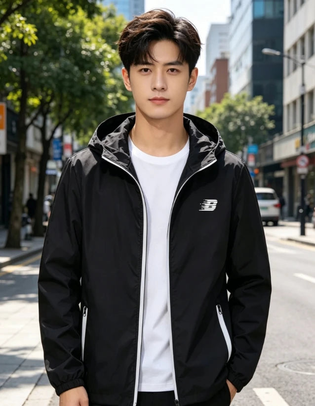 Mens hooded windbreaker jacket lightweight waterproof windproof casual outdoor sports hiking cycling long sleeve coat