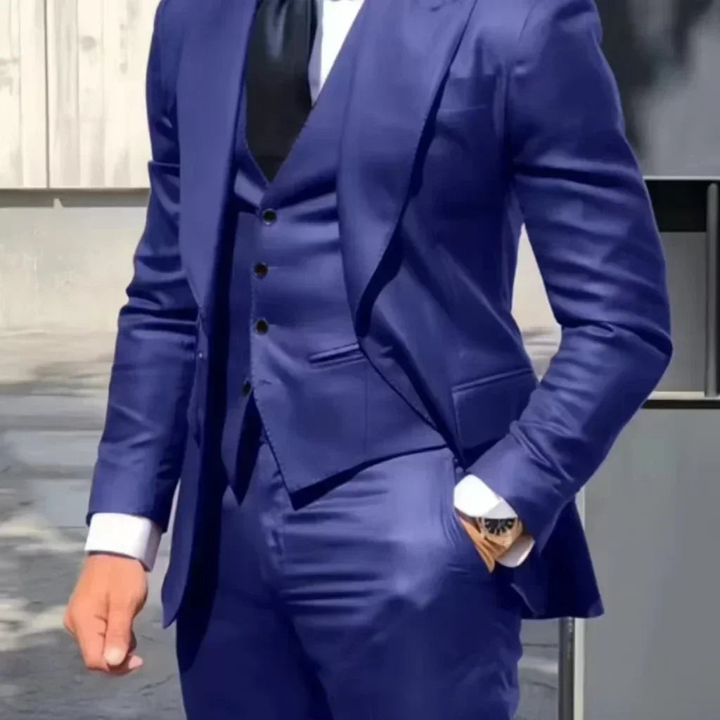 Men's 3-Piece Slim Fit Tuxedo Suits for Wedding Peaked Lapel Groomsmen Blazer Pant Vest Set Business Dress Code