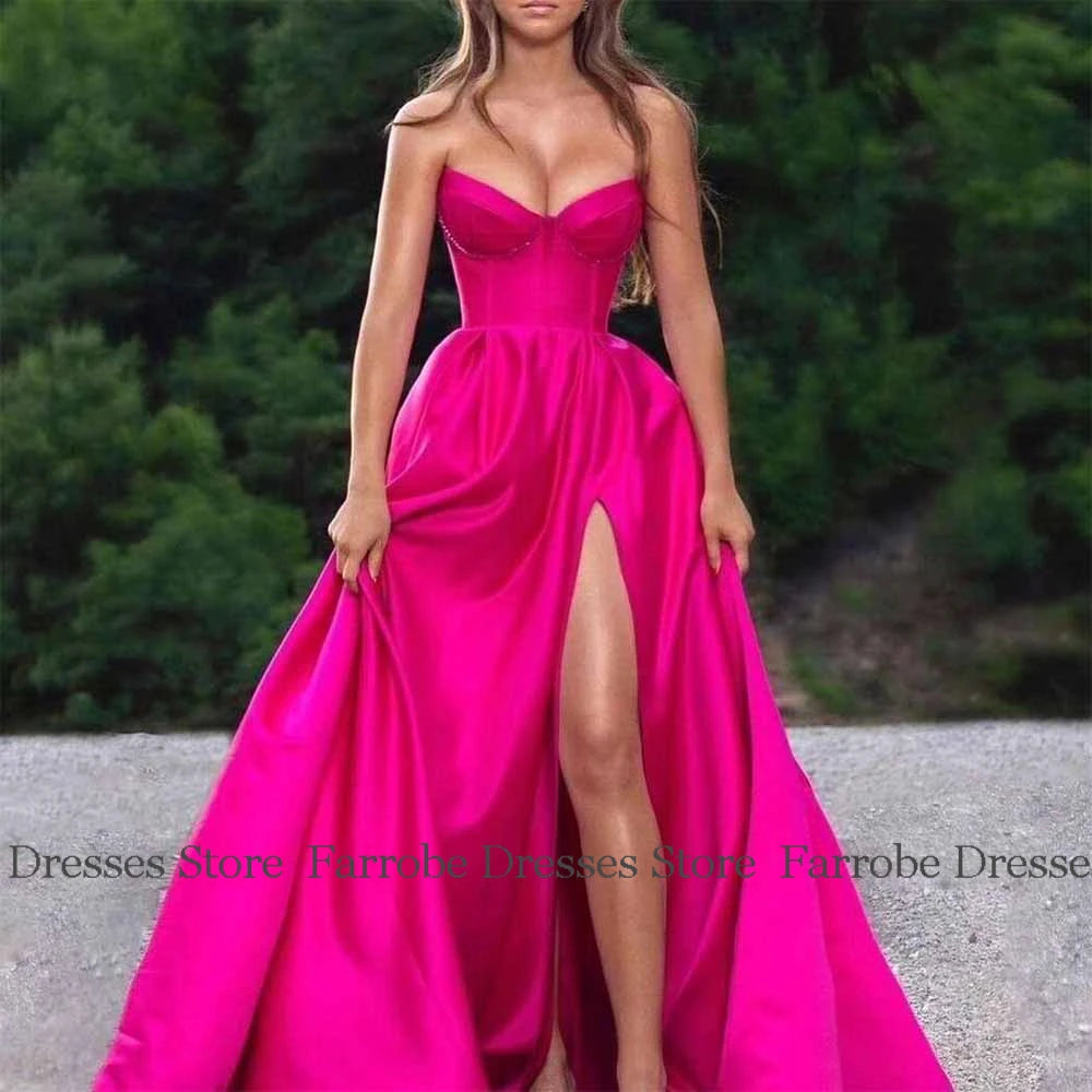Romantic Prom Dresses for Ladies Satin A-line Celebrity Dress Fuchsia Sweetheart Split Ruched Evening Dress Long