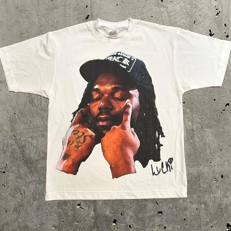 Y2k Europe and The United States New Summer Men T-shirt Portrait Printed Harajuku Hip Hop Personality Fashion Couple Shirt