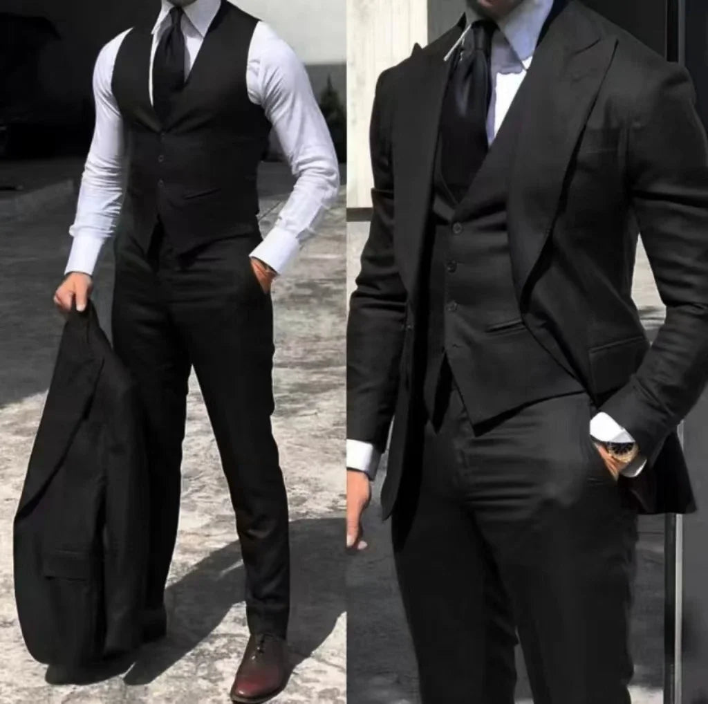 Men's 3-Piece Slim Fit Tuxedo Suits for Wedding Peaked Lapel Groomsmen Blazer Pant Vest Set Business Dress Code