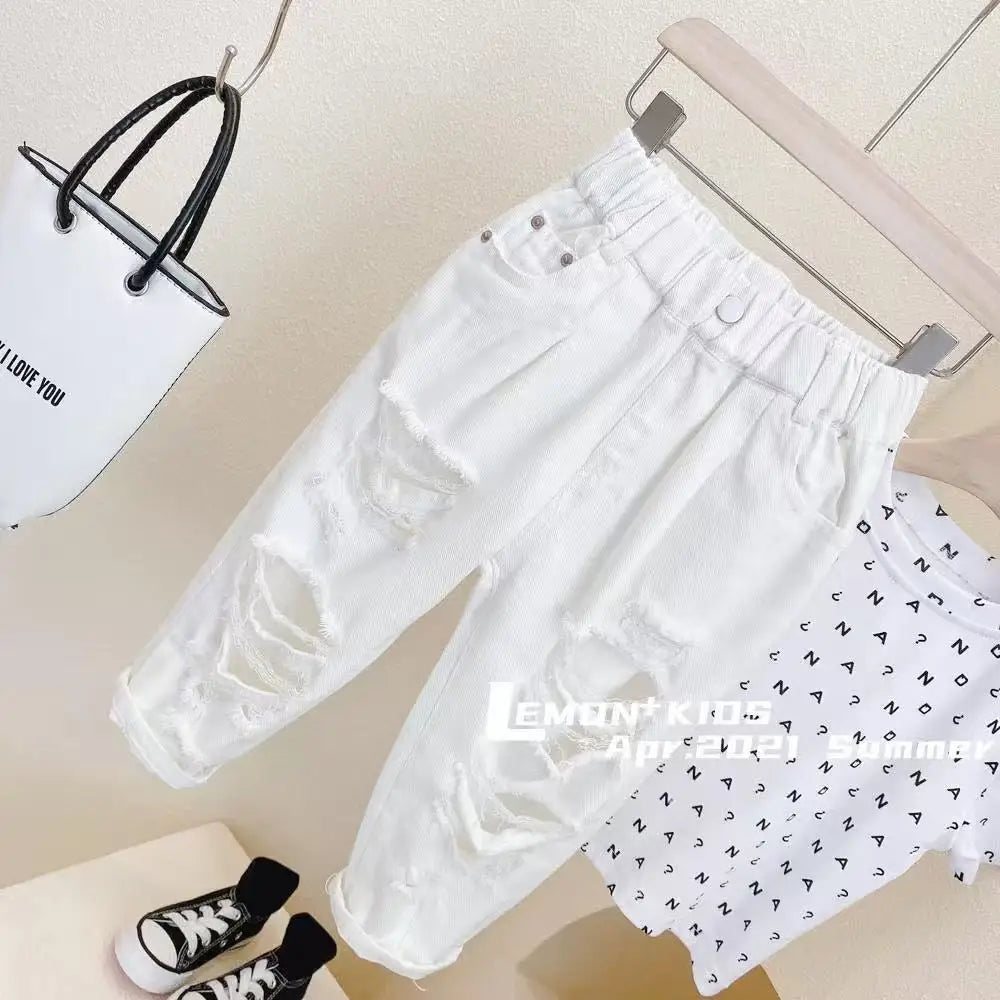 Children's Clothing Spring and Summer New Styles for Boys and Girls Washed Ripped Jeans Children's Cropped Pants Trend 1-12Y