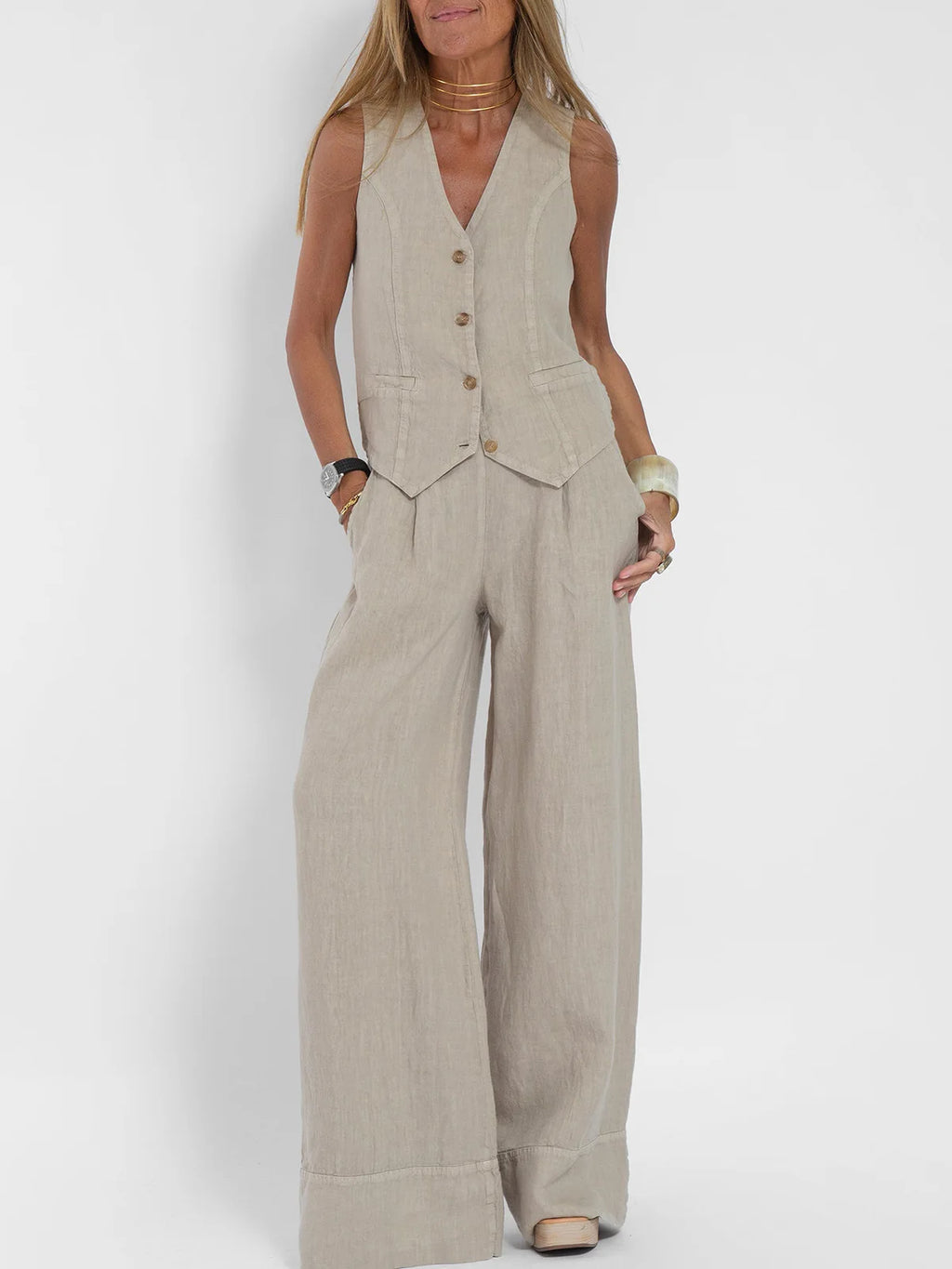 2025 New Women Vest Top + Trousers Patchwork Cotton Linen Casual Suit Summer Solid Women Vest Top + Wide Leg Pants Two Peice Set
