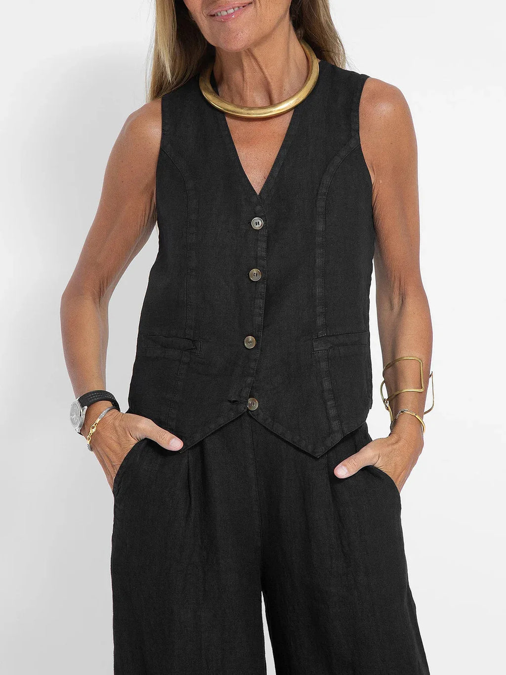 2025 New Women Vest Top + Trousers Patchwork Cotton Linen Casual Suit Summer Solid Women Vest Top + Wide Leg Pants Two Peice Set