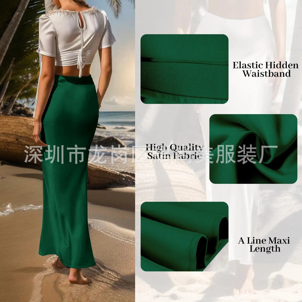 Elegant Faux Silk Satin Skirts for Women High Waist A-line Office Lady  Solid Color Glossy Finish Fishtail Skirt