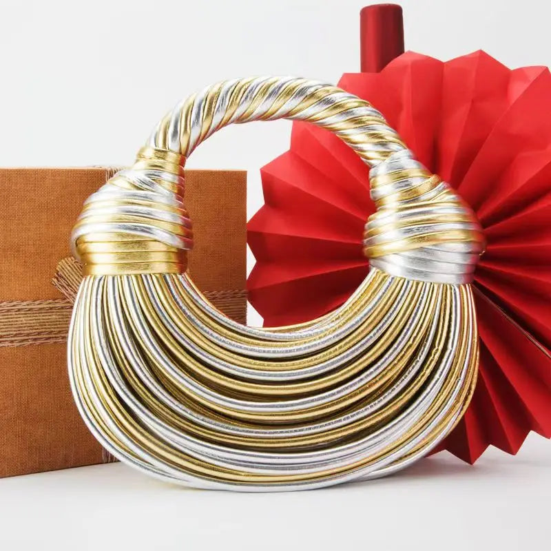 Handbags for Women 2025 New Gold Luxury Designer Brand Handwoven Noodle Bags Rope Knotted Pulled Hobo Silver Evening Clutch Chic