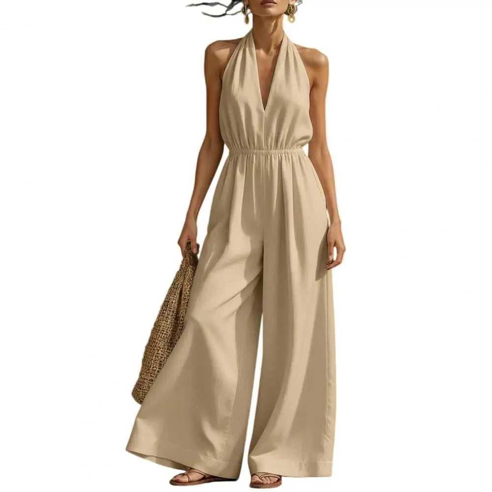 Temperament Elegant Halter Neck Jumpsuits Women Sexy Deep V-neck Backless High Waist Wide Leg Jumpsuit Solid Color Female New