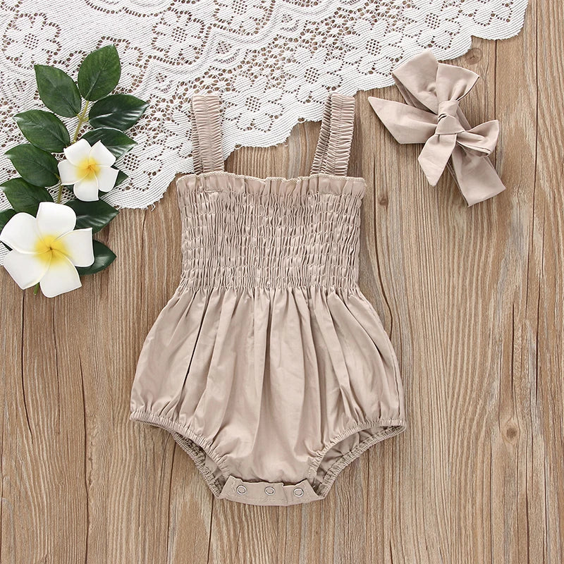 Newborn Baby Girl Romper Sleeveless Ruched Bodysuit Jumpsuit with Headband Infant Summer Baby Girls Clothes Outfits