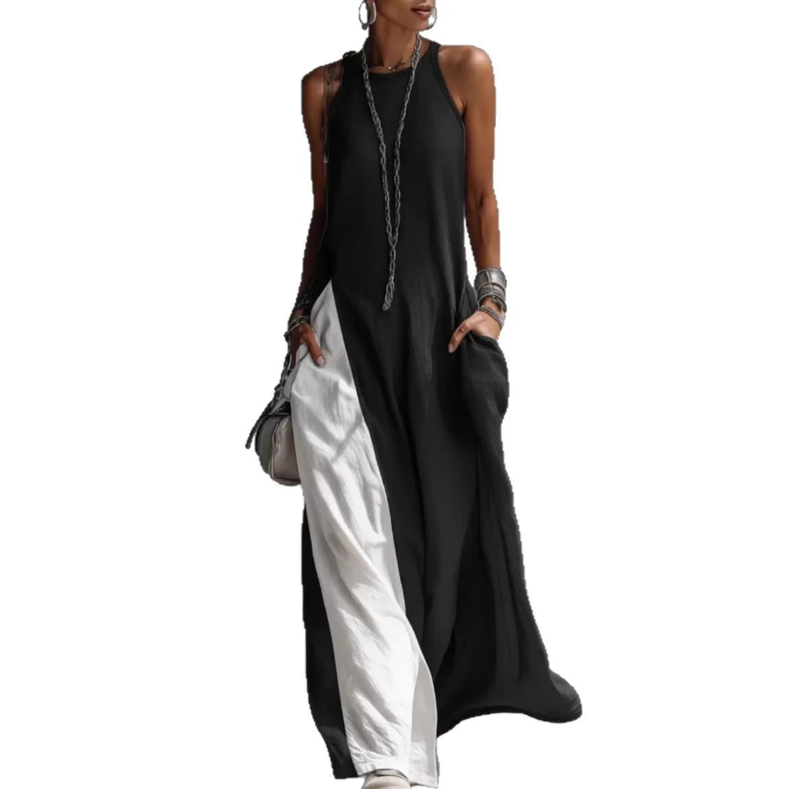 Women Strappy Maxi Dress A-line Vest Type Color Block Summer Beach Dress Loose Casual Halter Neck Pocket Side Split Long Dresses