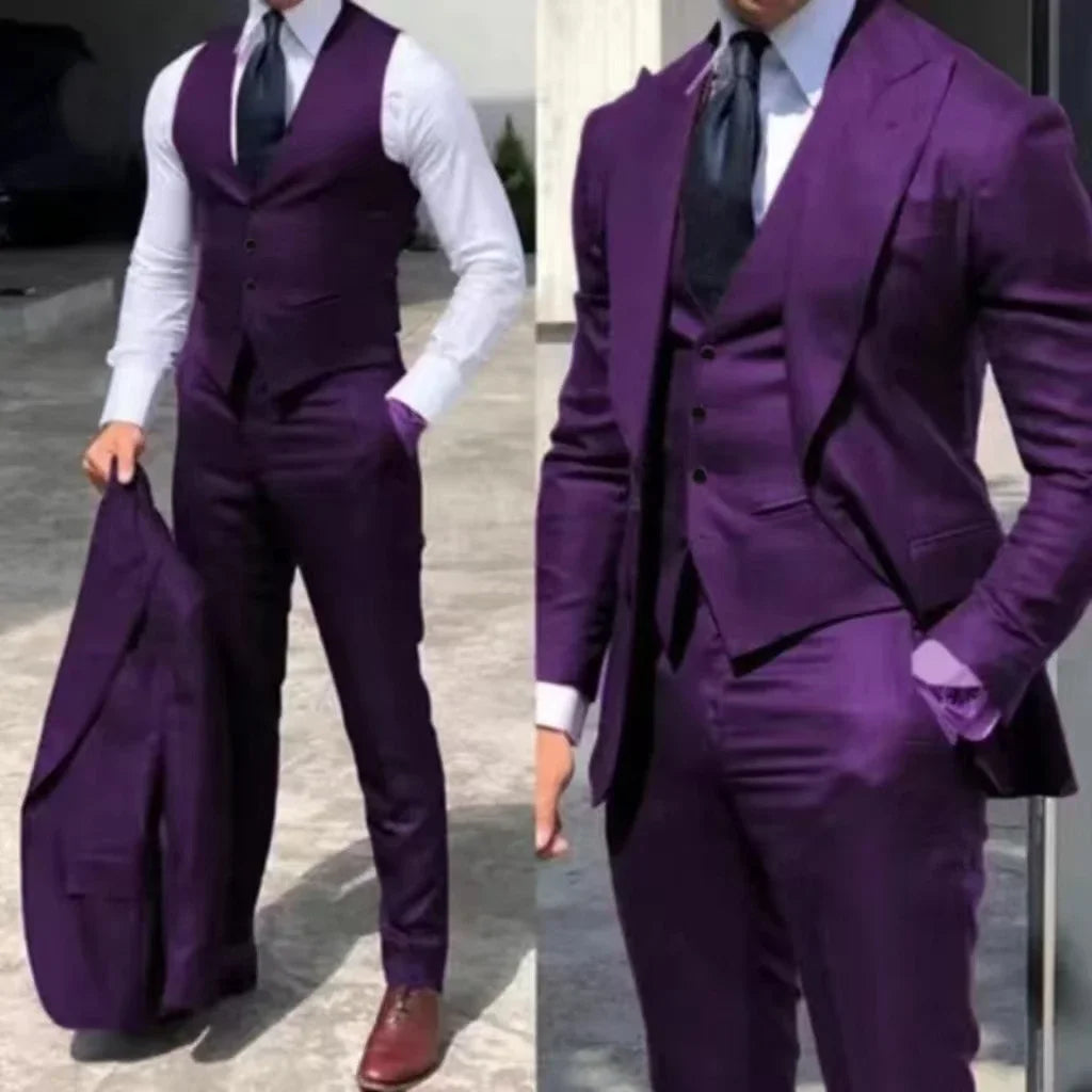 Men's 3-Piece Slim Fit Tuxedo Suits for Wedding Peaked Lapel Groomsmen Blazer Pant Vest Set Business Dress Code