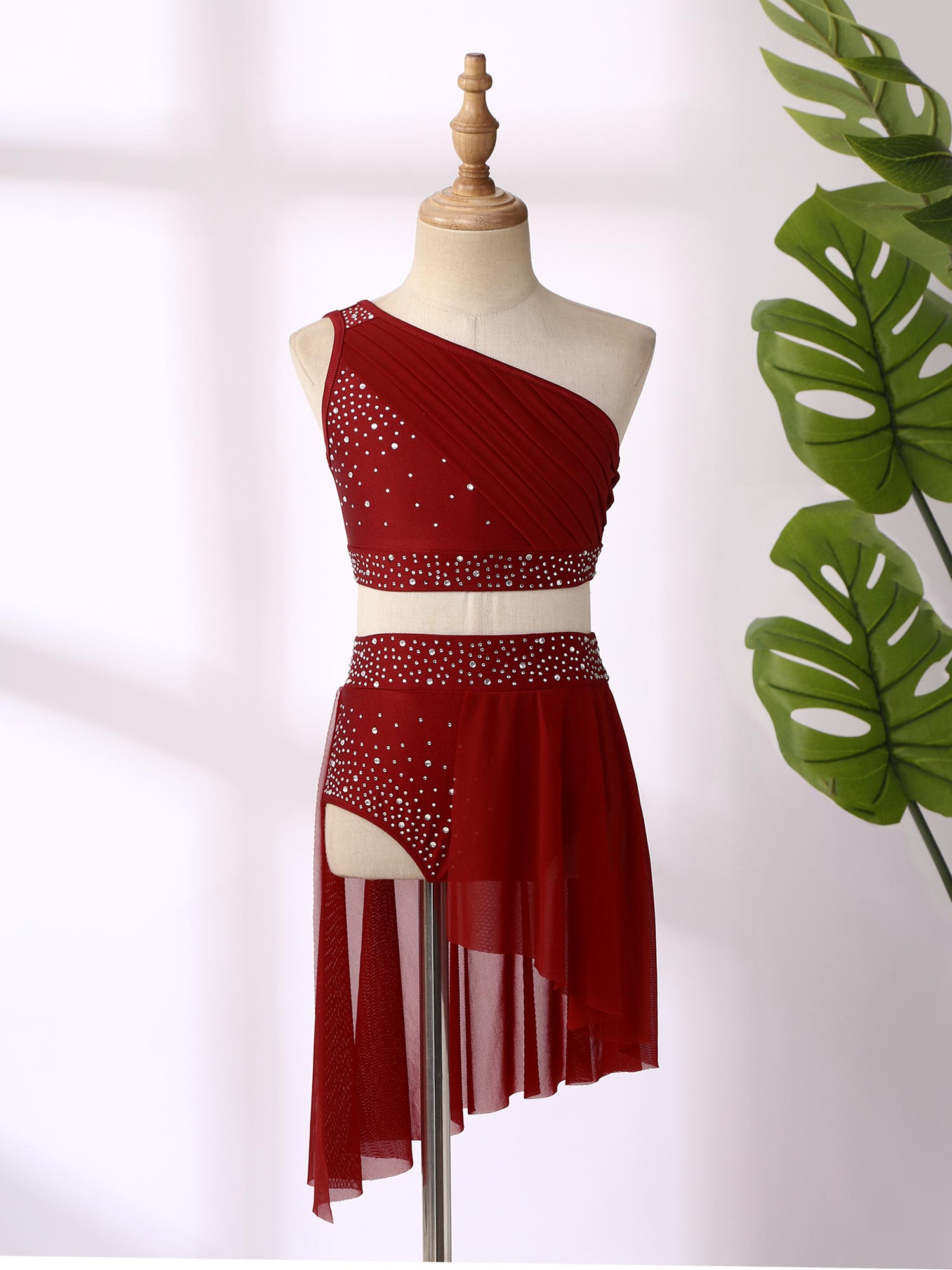 Teen Girls Modern Lyrical Dance Performance Outfit One Shoulder Crop Top with Leotard Skirt for Jazz Skating Ballet Gymnastics