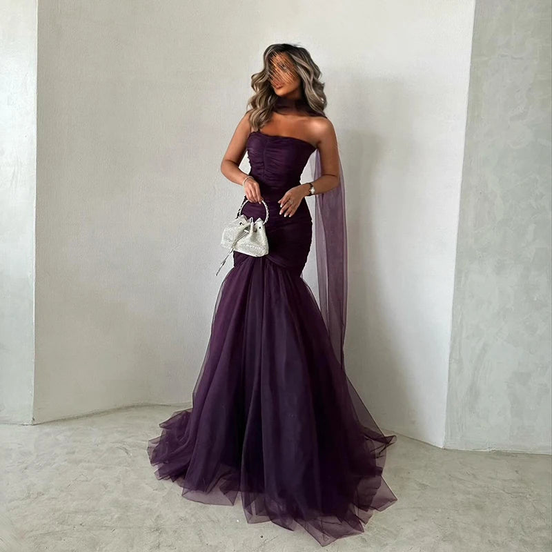 Prom Evening Dresses. Mermaid Strapless Saudi Arabia Tulle Party Dress Formal Cocktail Prom Gowns Customized