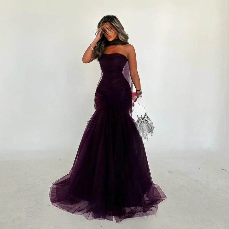 Prom Evening Dresses. Mermaid Strapless Saudi Arabia Tulle Party Dress Formal Cocktail Prom Gowns Customized