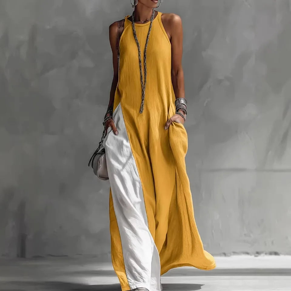 Women Strappy Maxi Dress A-line Vest Type Color Block Summer Beach Dress Loose Casual Halter Neck Pocket Side Split Long Dresses
