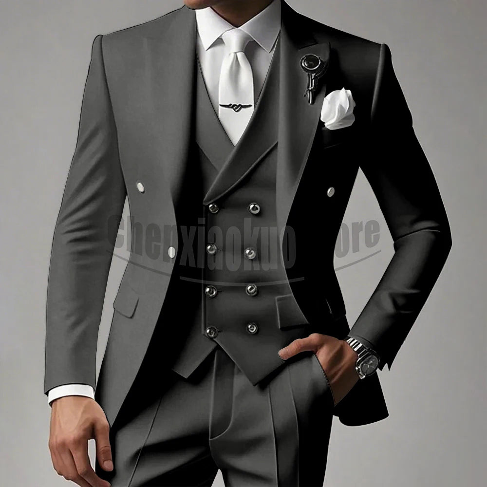 White Men Suits 3 Piece High-end Peak Lapel Solid Color Male Suit Slim Fashion Party Groom Wedding Tuxedos (Blazer+Vest+Pants)