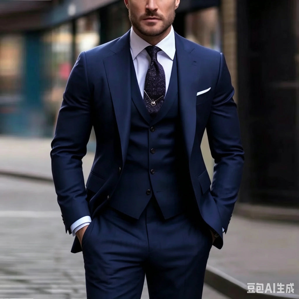3 Pieces Wedding  Suits for Men Fashion Navy Blue Slim Fit Blazer Vest Pants Set Formal Business Tuxedos for Men Casual Clothing