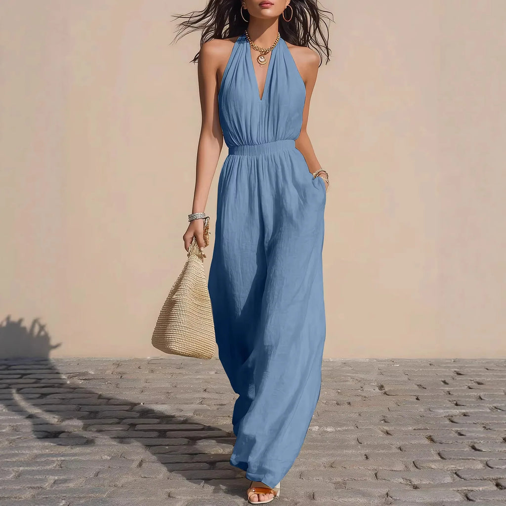 Summer New Casual Wide Leg Romper Women's Solid Halter Neck Backless Jumpsuit Sexy Deep V-Neck Elastic Waist Sleeveless Jumpsuit