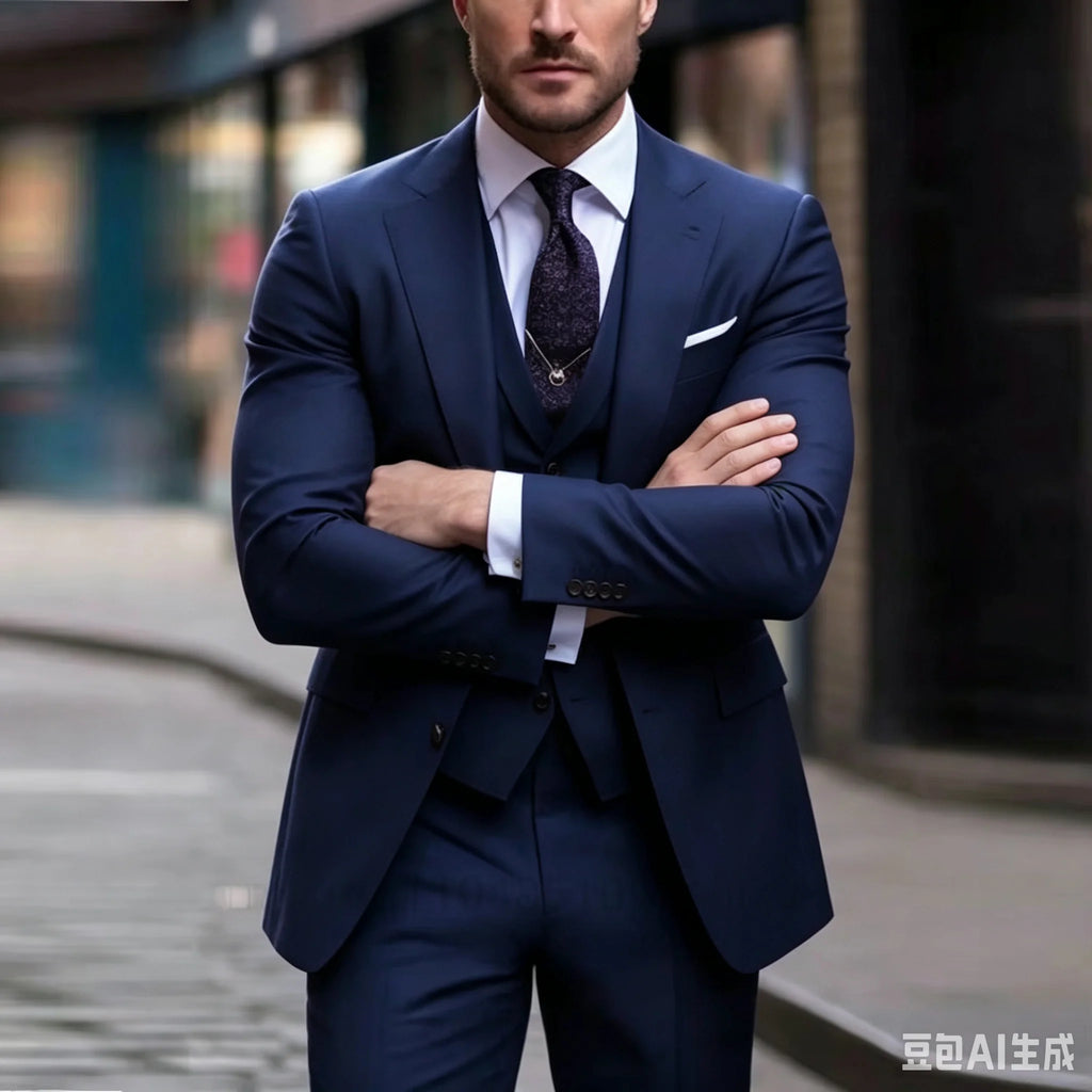 3 Pieces Wedding  Suits for Men Fashion Navy Blue Slim Fit Blazer Vest Pants Set Formal Business Tuxedos for Men Casual Clothing