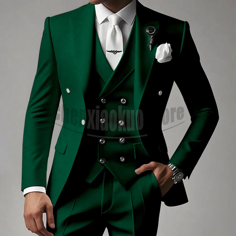White Men Suits 3 Piece High-end Peak Lapel Solid Color Male Suit Slim Fashion Party Groom Wedding Tuxedos (Blazer+Vest+Pants)
