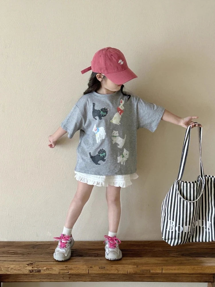 Girls Kids Summer T-Shirt 2026 New Cute Cartoon Print Short Sleeve Tee Casual Loose Fit 100% Cotton Top for Hot Weather