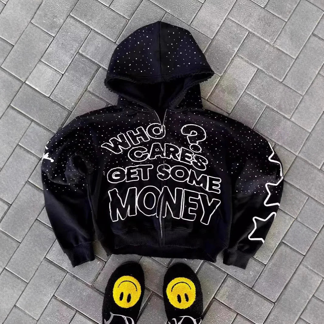 Y2K trendy American letter pattern loose casual hooded zipper retro hoodie fashionable jacket
