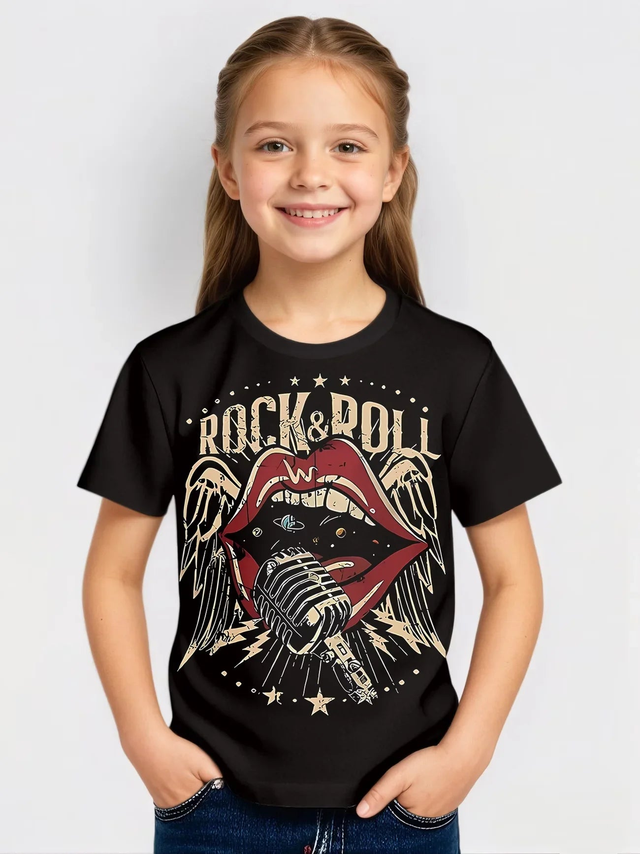 Summer Boys Girl  T Shirt Kids Baby Youth Men Women Tee Streetwear Oversize Casual Black Background Rock And Roll Red Lips Print