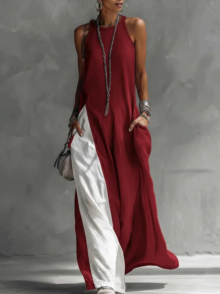 New women’s clothing: sleeveless, loose-fitting, color-blocked, casual, off-the-shoulder dress.