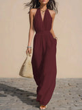 Summer New Casual Wide Leg Romper Women's Solid Halter Neck Backless Jumpsuit Sexy Deep V-Neck Elastic Waist Sleeveless Jumpsuit