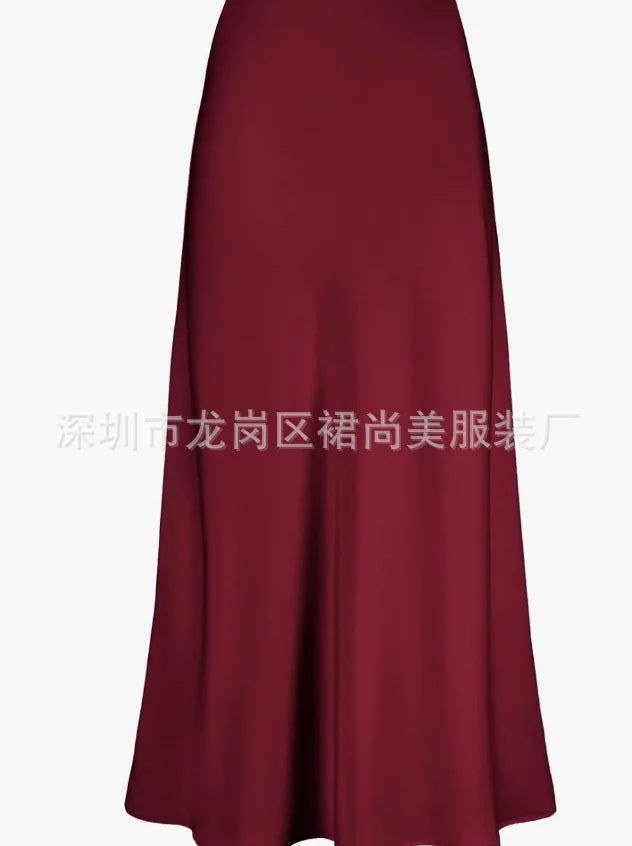Elegant Faux Silk Satin Skirts for Women High Waist A-line Office Lady  Solid Color Glossy Finish Fishtail Skirt